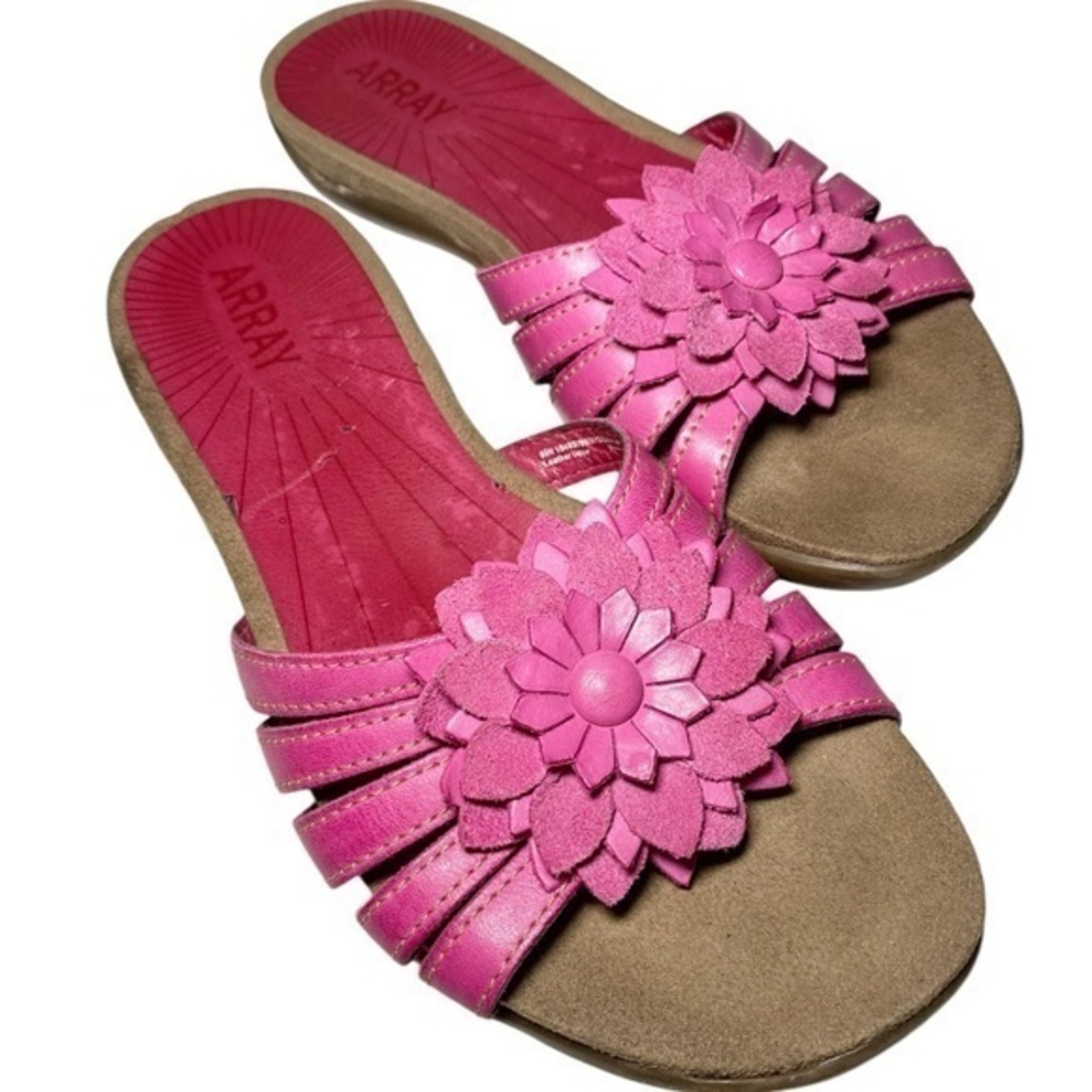 Array Maui Pink Leather Flower Strappy Slide Sandals